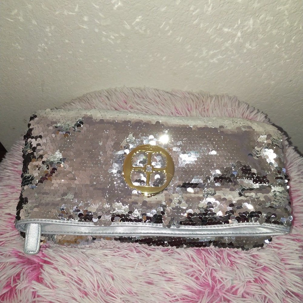 IMAN silver sequin fold over evening purse